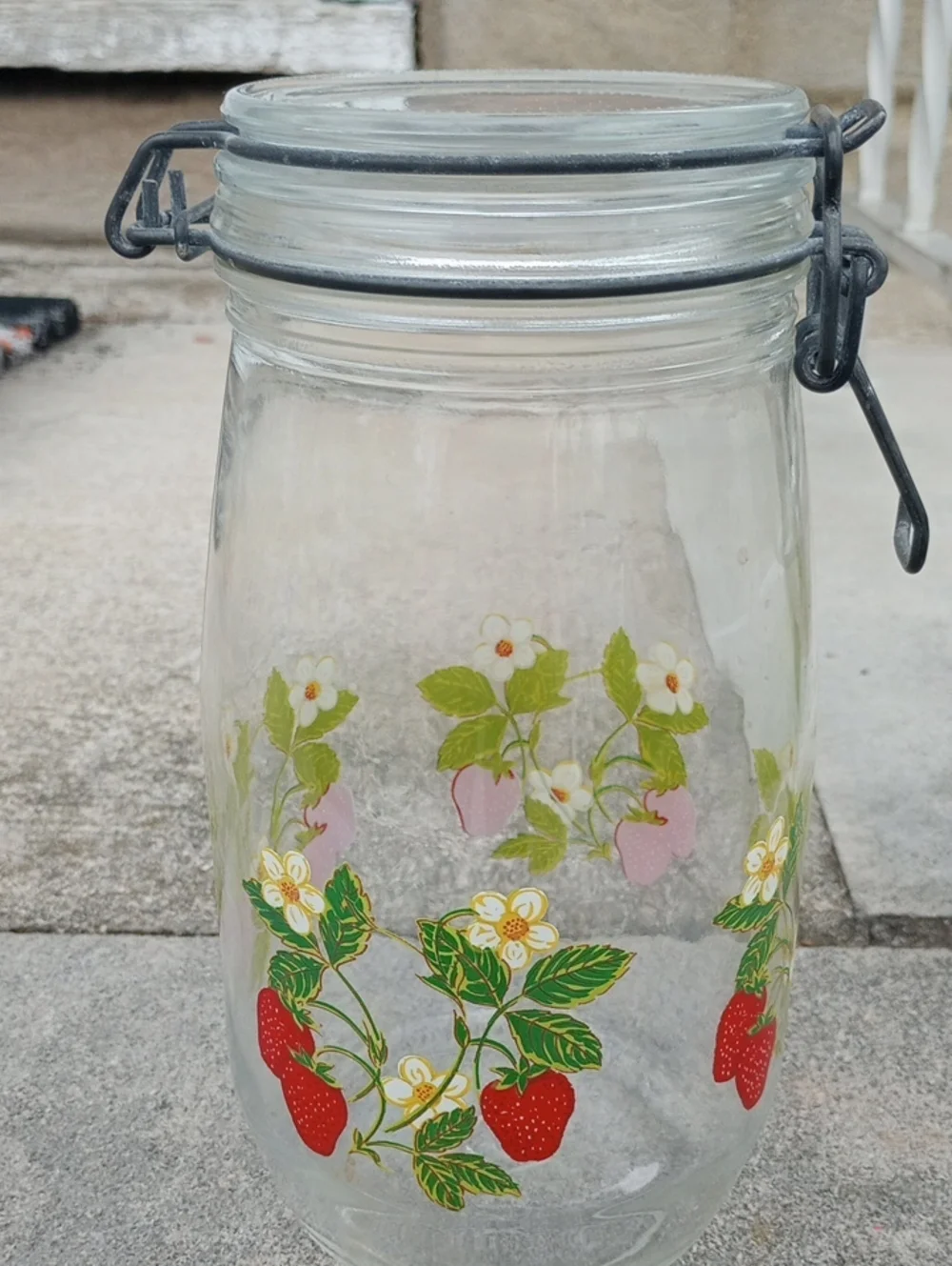 Vintage Clear Glass Round Strawberry/Floral 1.5 Liter Canister. Red Green Yellow